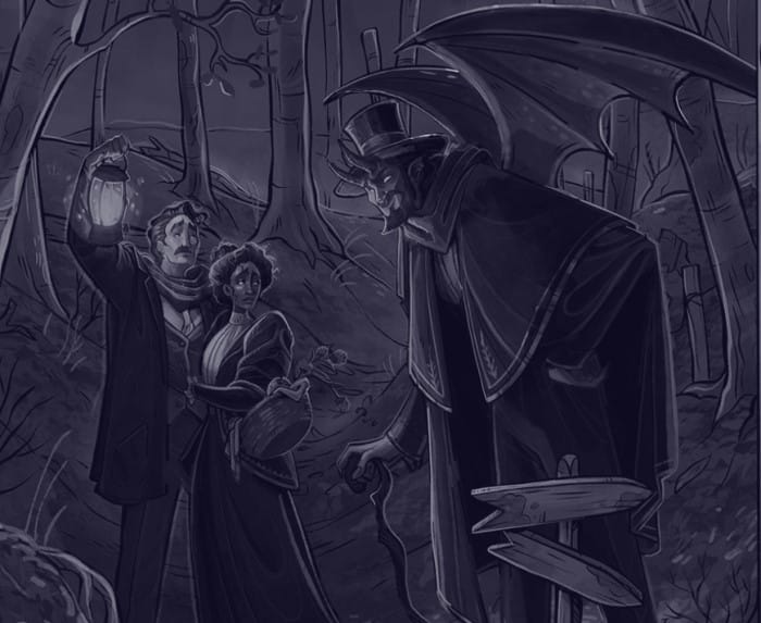 Artwork of a couple confronting a figure in a top hat with horns at a crossroads from Backwoods as part of the Backwards RPG series
