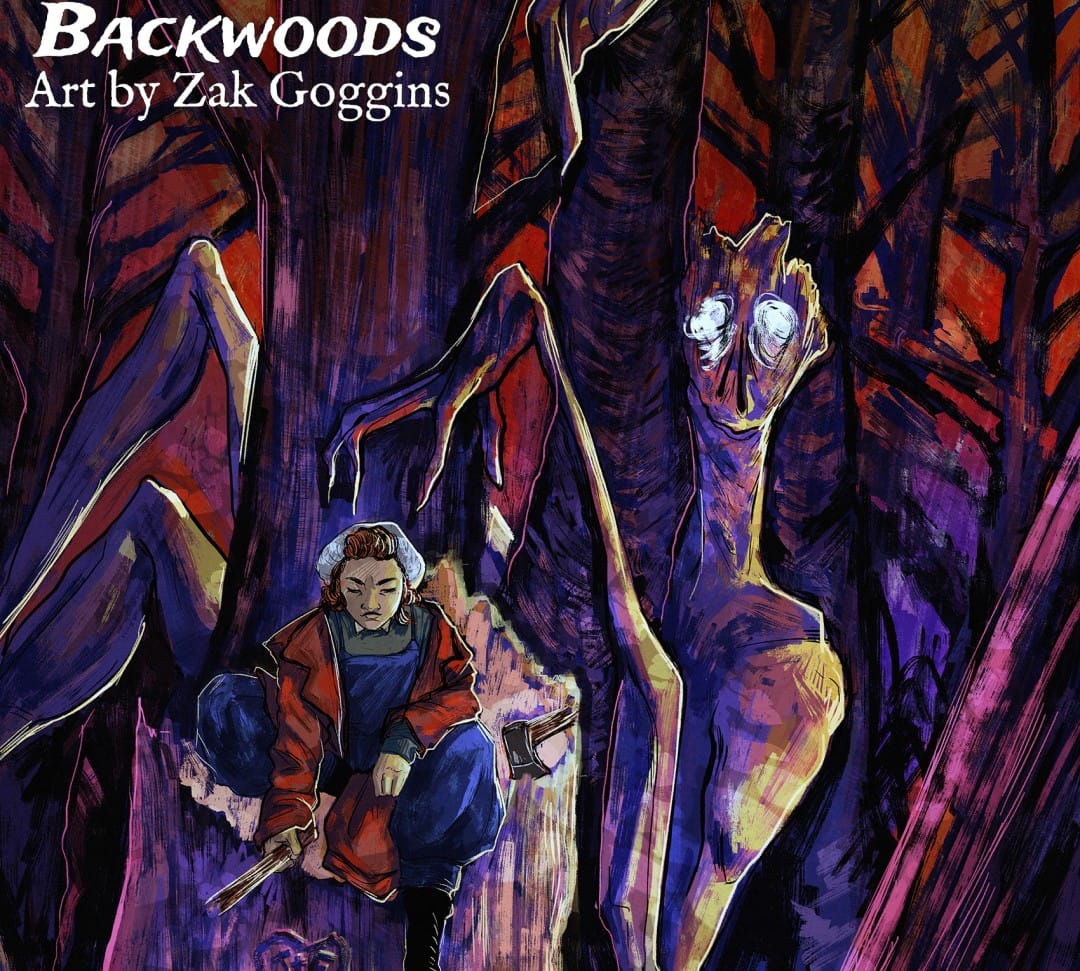 Book artwork of Backwoods, featuring a man in the woods with a spindely long-limbed monster behind him