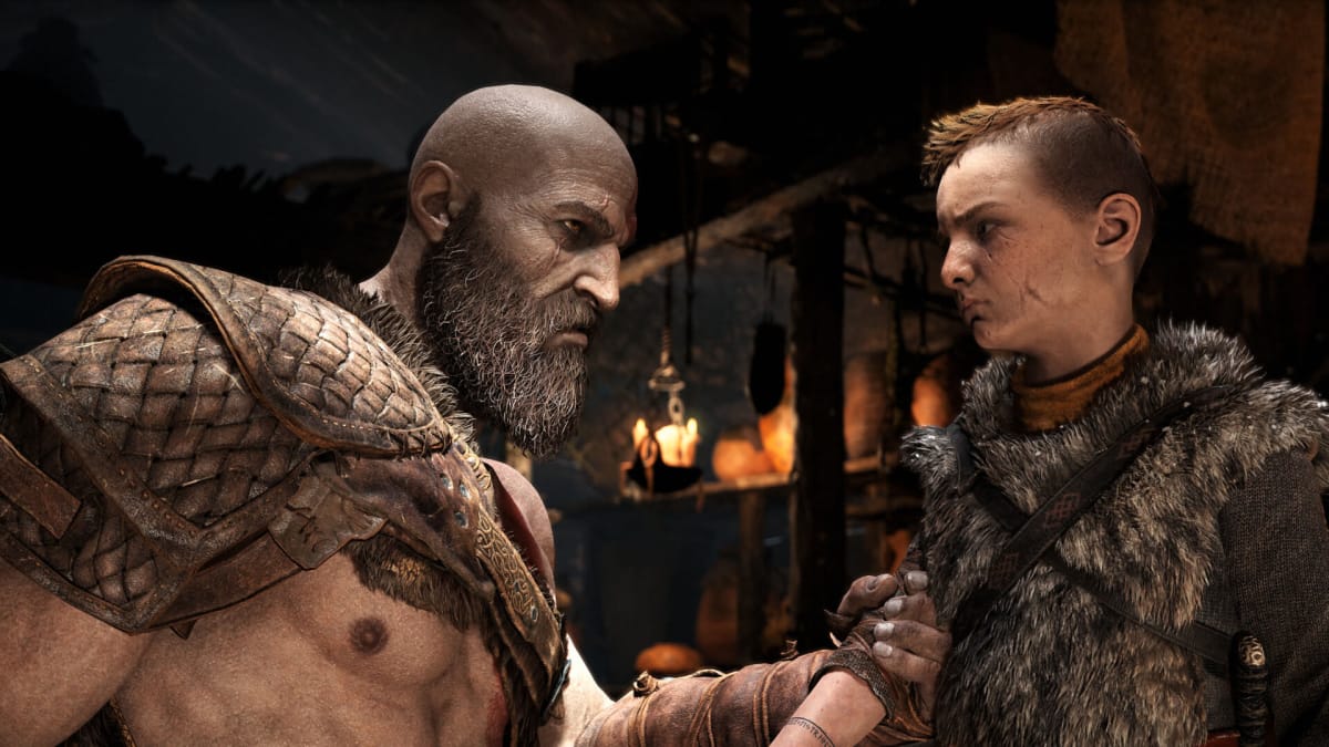 Kratos, a character on the BAFTA Most Iconic Video Game Character of All Time poll, clutching his son Atreus' arm