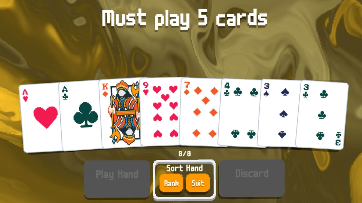 The player choosing five cards to play in Balatro