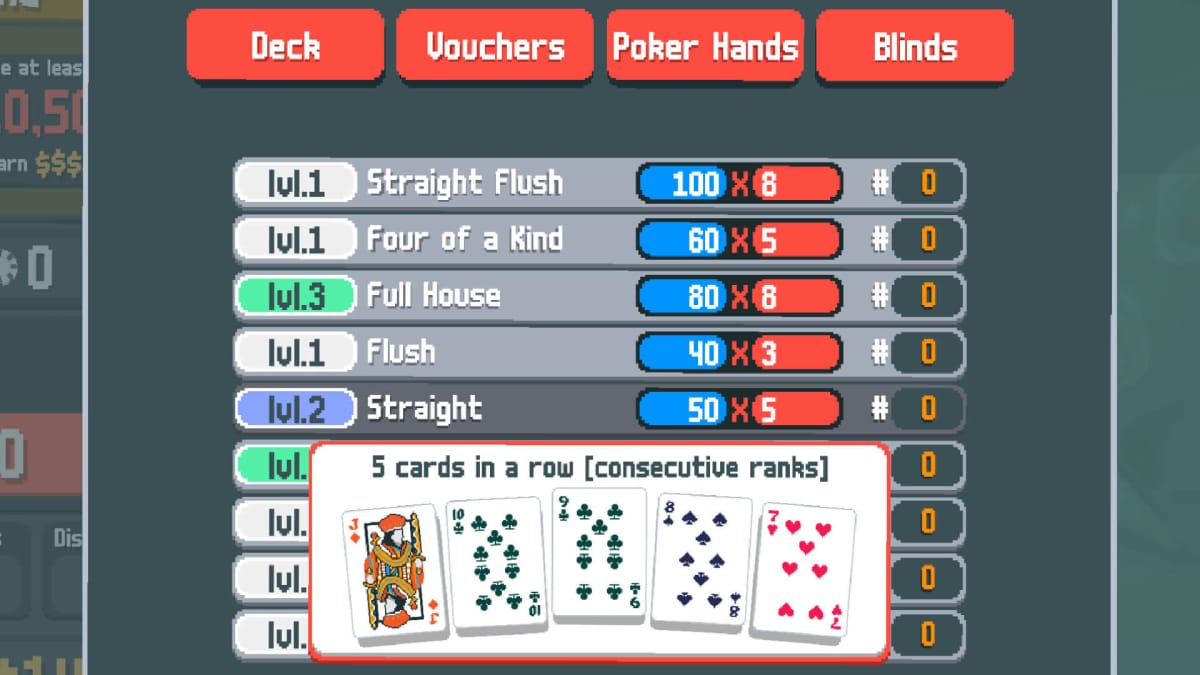 A menu showing various card types and combos in Balatro