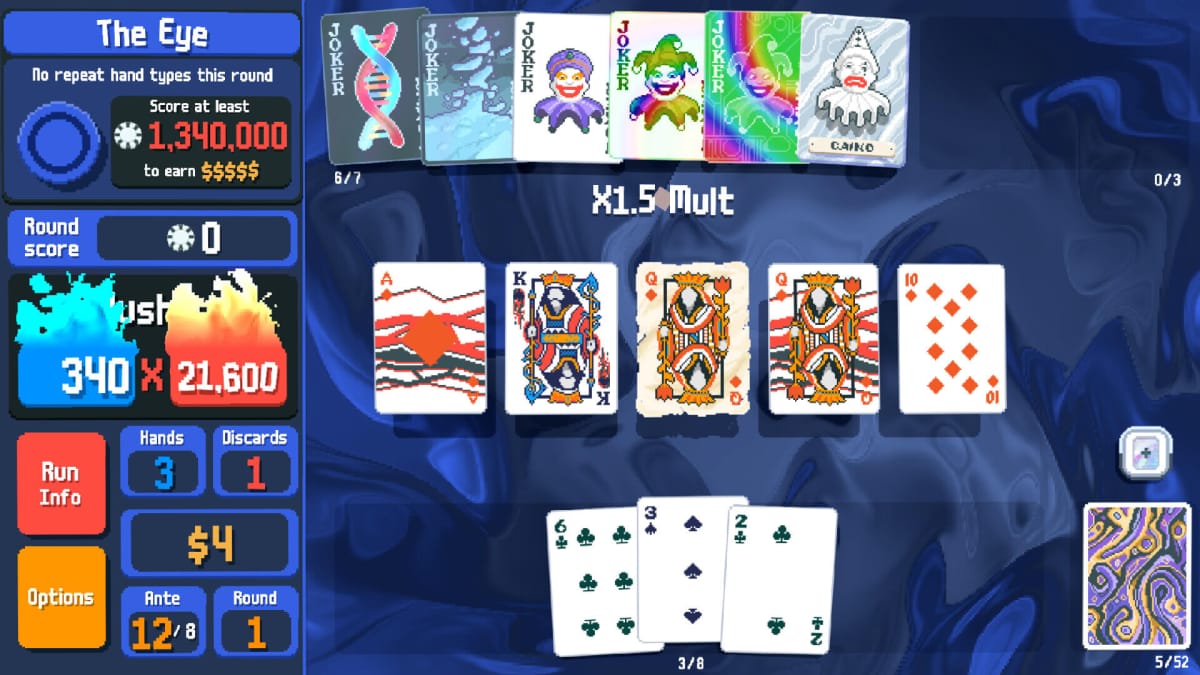 A game of the poker-based card roguelike Balatro in progress