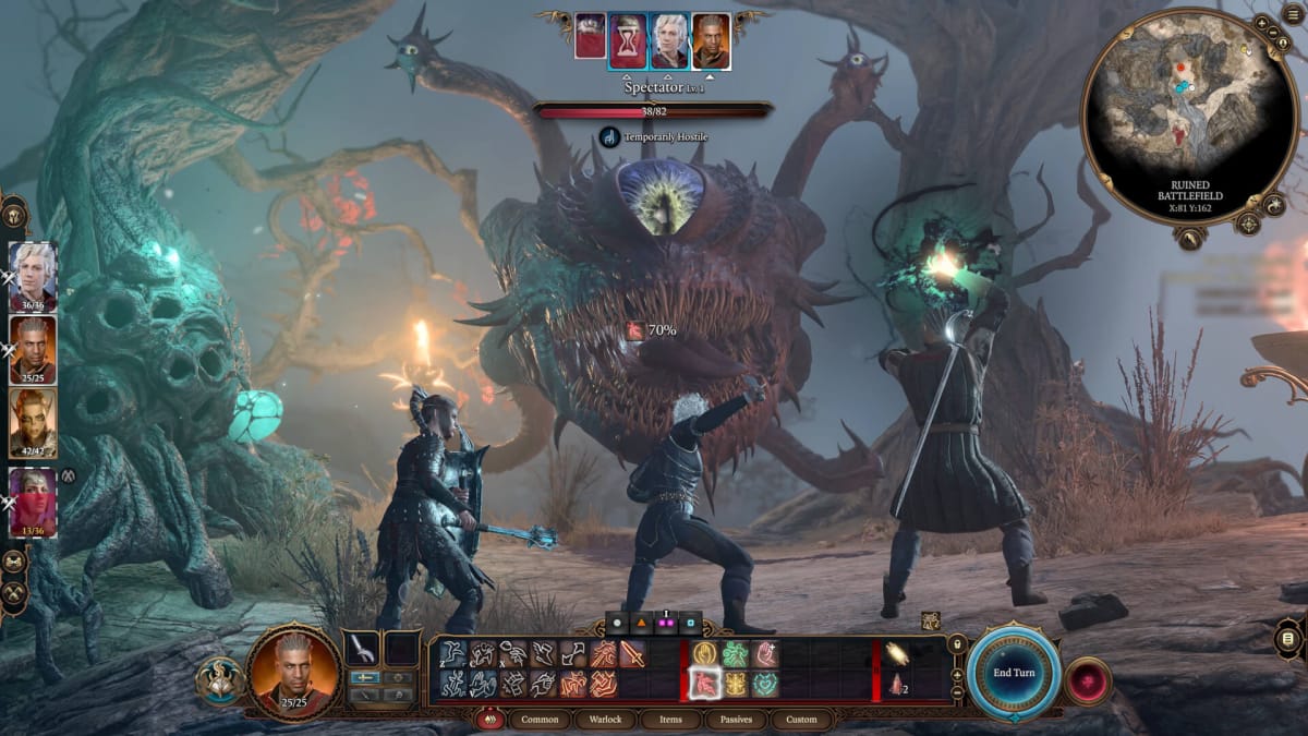 Astarion, Wyll, Lae'zel, and Shadowheart battling a Spectator in the Underdark in Baldur's Gate 3