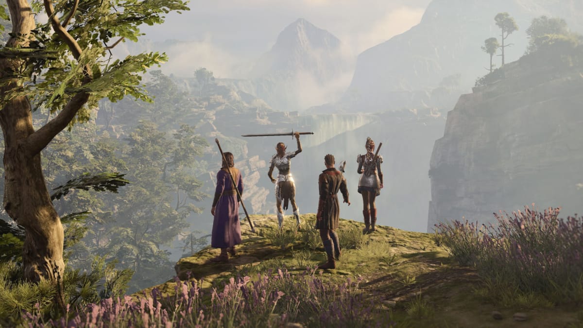 Gale, Shadowheart, Lae'zel, and Wyll standing on a clifftop in Baldur's Gate 3
