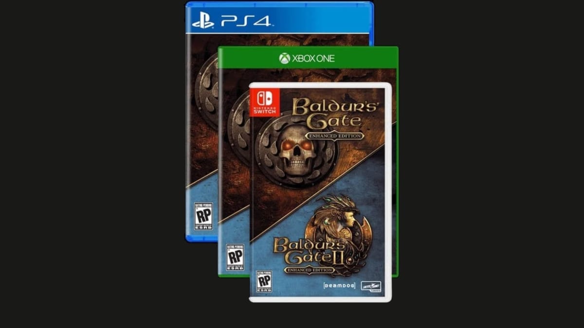 Art showing three game boxes for the Nintendo Switch, Xbox One, and PS4 for the game Baldur's Gate Enhanced EDition