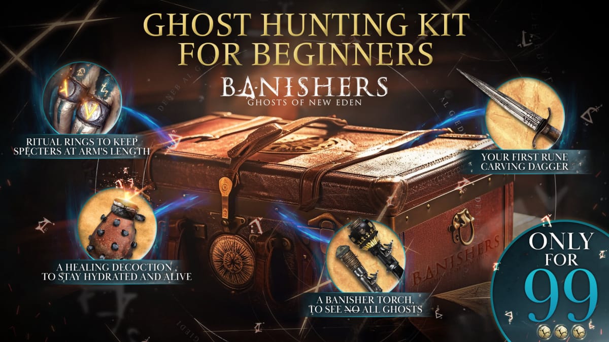 The fake April Fools' Day 2024 ad showing the ghost-hunting kit you can supposedly buy from Banishers: Ghosts of New Eden developer Don't Nod