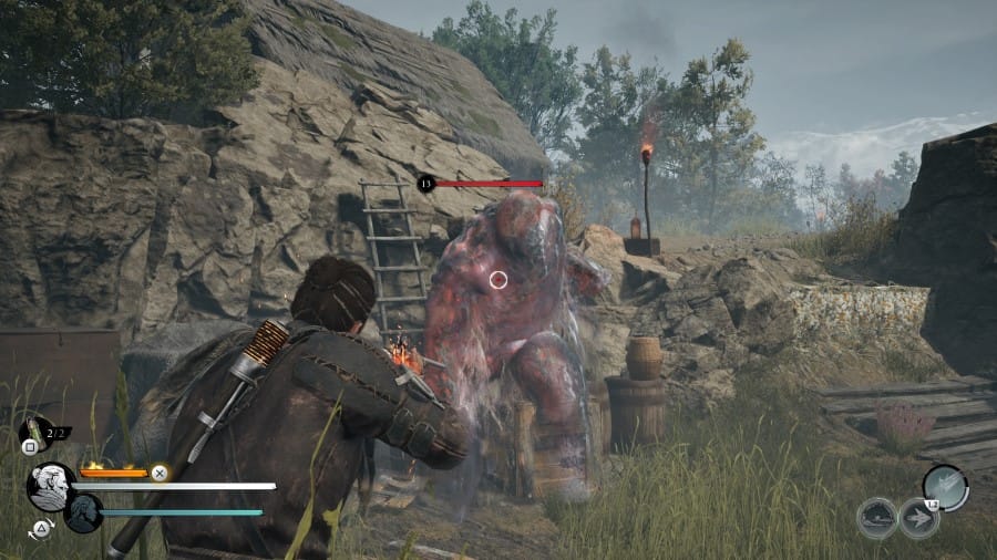 Red aiming his rifle at a large angry spirit