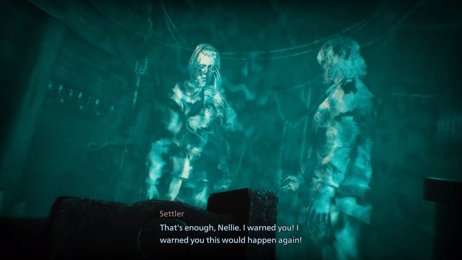 A screenshot of two settlers as blue glowing spirits in a dark room from Banishers Ghosts of New Eden