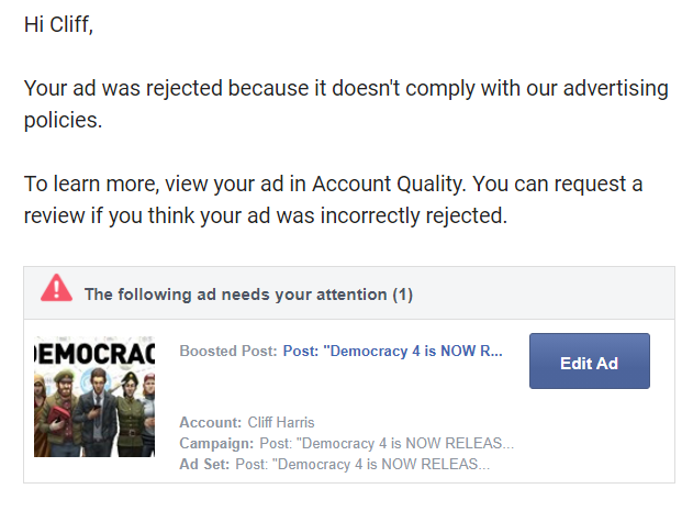 Facebook's message for banning this Democracy 4 ad.