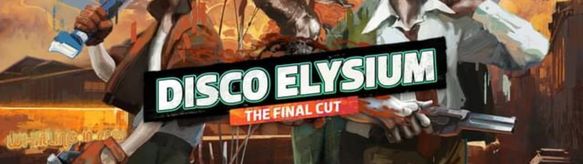 banner image with a sepia toned background with two obscured figures standing behind a title saying Disco Elysium The Final Cut 