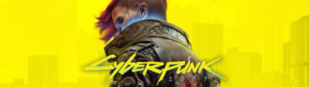 banner image with a yellow background as a person with a futuristic outfit and haircut with the words Cyberpunk 2077 underneath