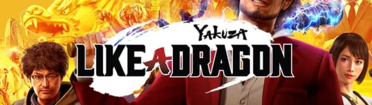 banner image with an orange background and several character looking at the camera with the words Yakuza Like a Dragon written in the centre on a white smear 