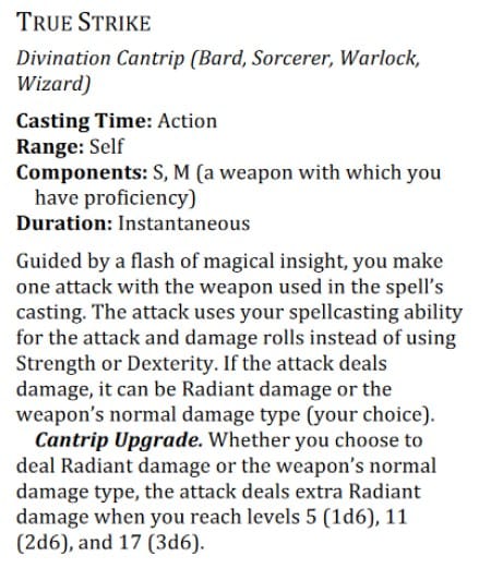 A text box showing new rules for the True Strike cantrip form the Bastions and Cantrips Unearthed Arcana playtest material