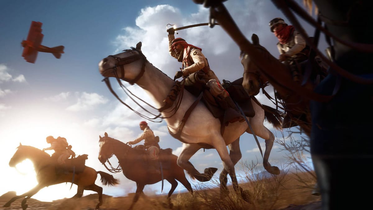 A group of soldiers charging on horseback in Battlefield 1