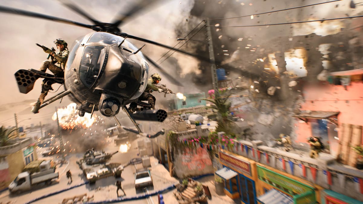 Two soldiers riding a helicopter through a busy town in Battlefield 2042