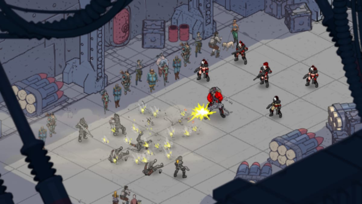 Bedlrum Screenshot showing several hand-drawn characters in an isometric perspectvie fighting in an industrial looking building 