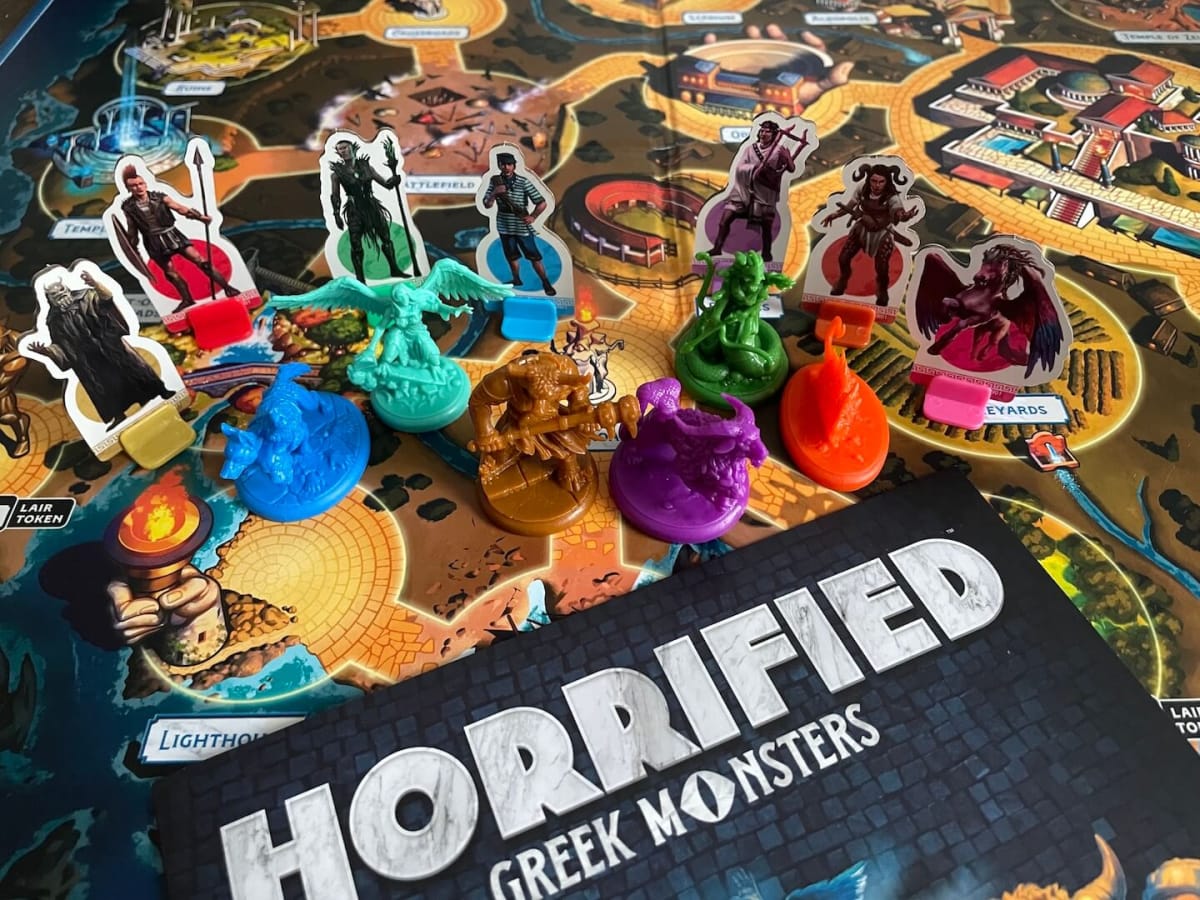 An image of components from the new board game Horrofied: Greek Monsters, as part of our Best New Horror Board Games roundup