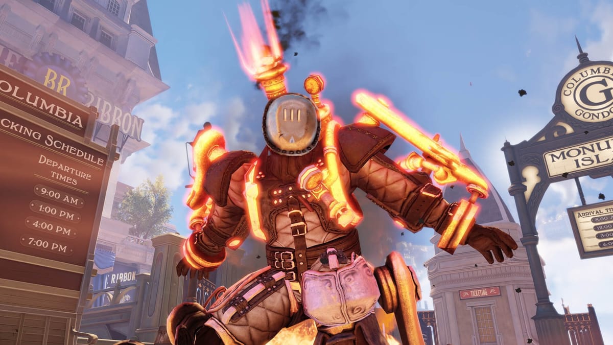 A figure in armor with heated metal components in BioShock Infinite, a PlayStation Plus game in January 2014