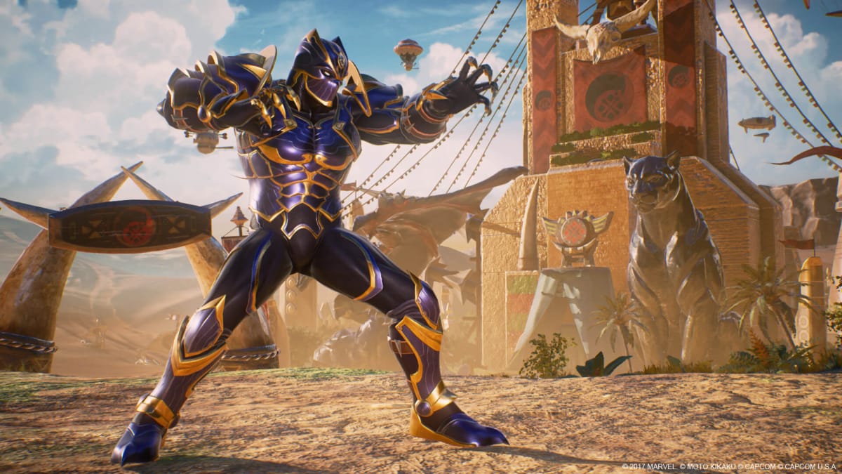A shot from the fighting game Marvel vs. Capcom: Infinite, showing Black Panther in heavy armor