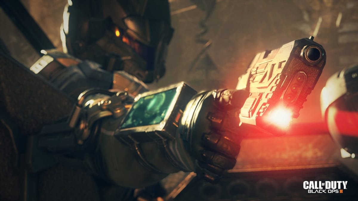 Black Ops 3 Screenshot showing a futuristic soldier pointing his weapon just off camera. The game's title Black Ops 3 is in the bottom right corner. 