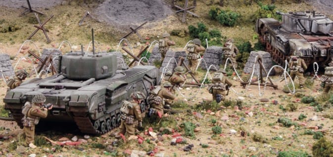 A promo image of miniatures and a battlefield from a game of Bolt Action
