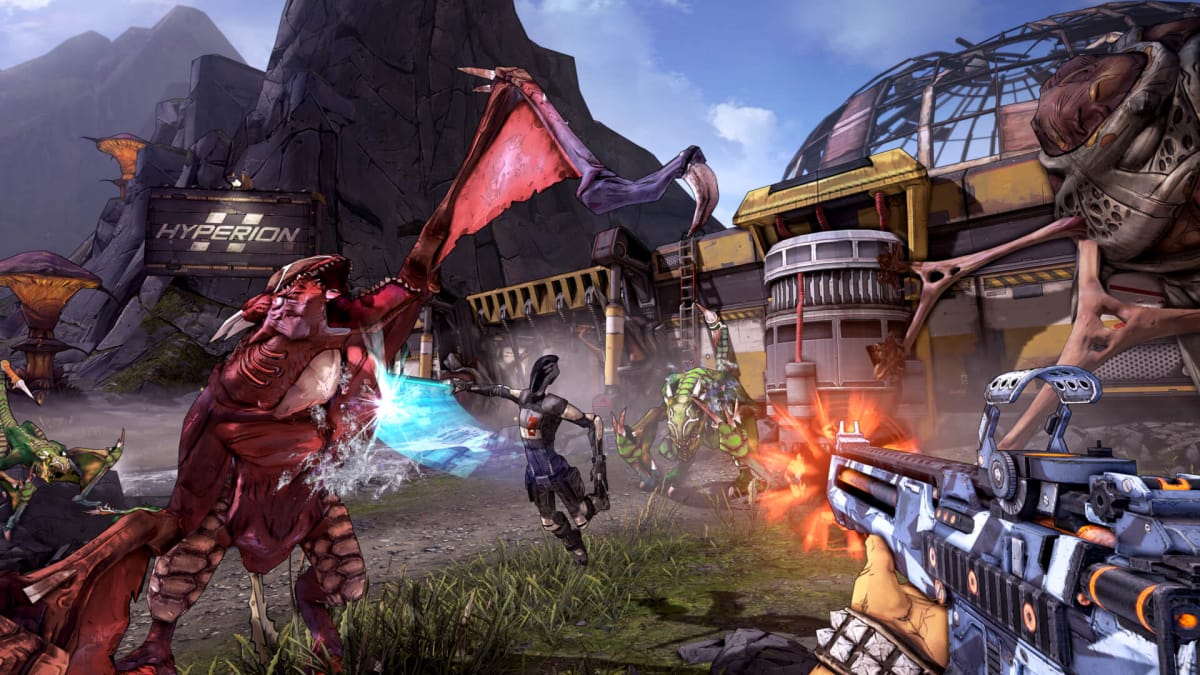 The player shooting at various enemies in Borderlands 2, a PlayStation Plus game in December 2013
