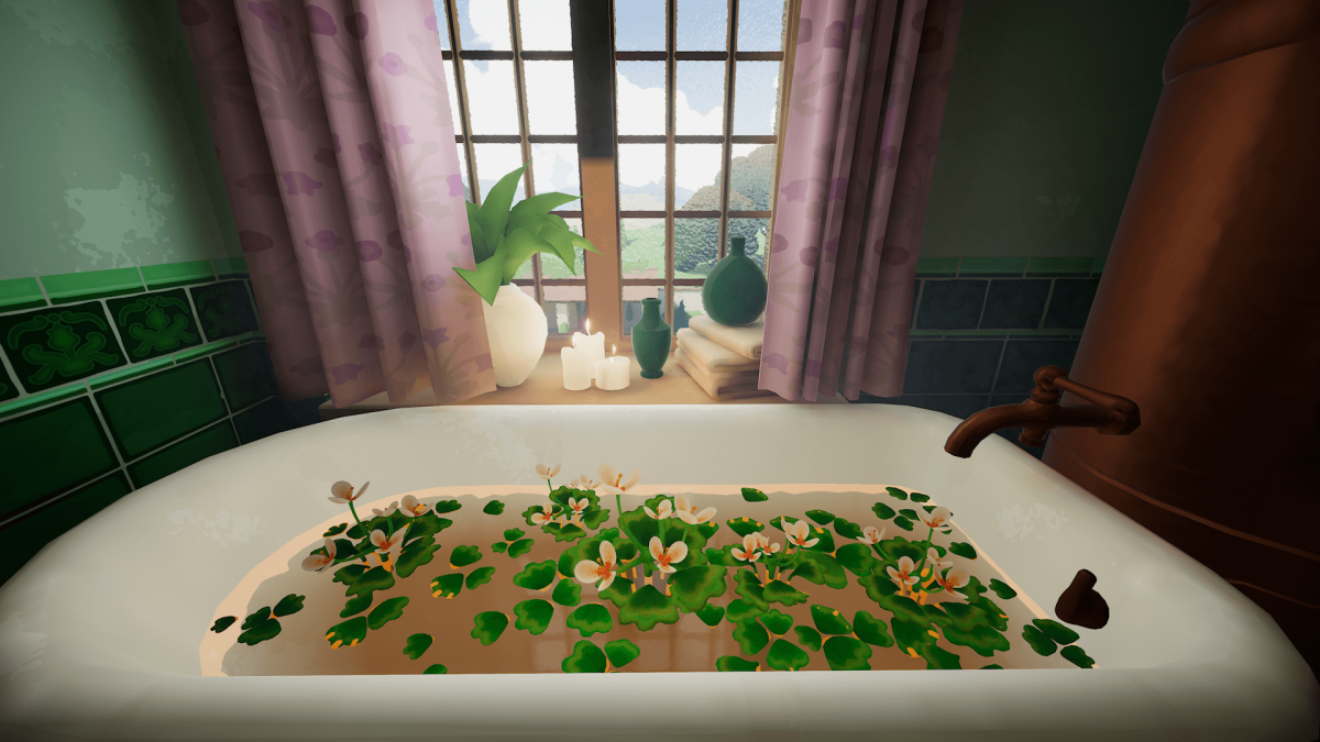 An in-game screenshot of Botany Manor, showcasing a pond-like habitat inside a large ceramic bath.