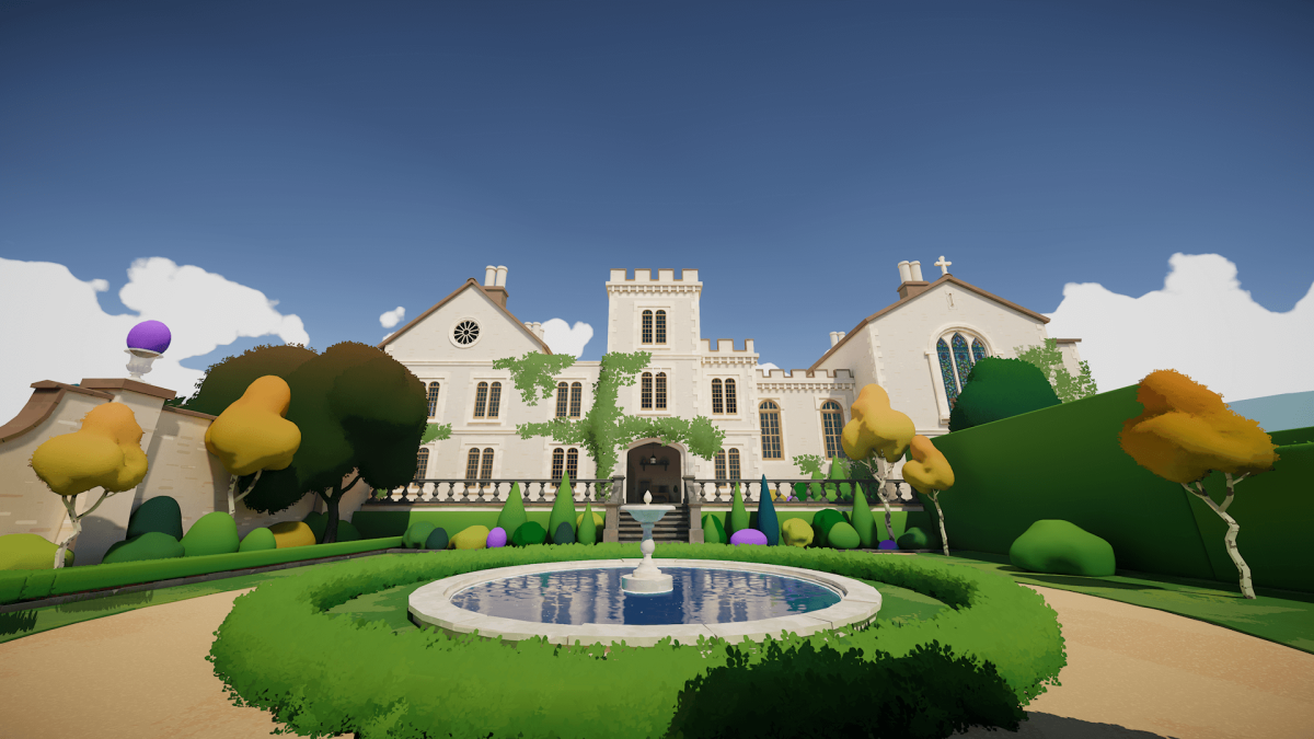 An in-game screenshot of Botany Manor, showcasing the entrance of the manor, with a fountain in the middle, surrounded by flora and fauna.