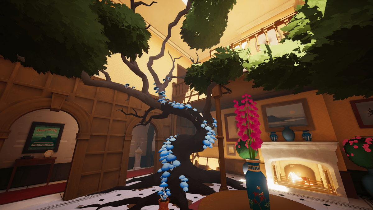 An in-game screenshot of Botany Manor, showcasing a large tree inside the manor's mezzanine, overlapping the entrance to the door above.