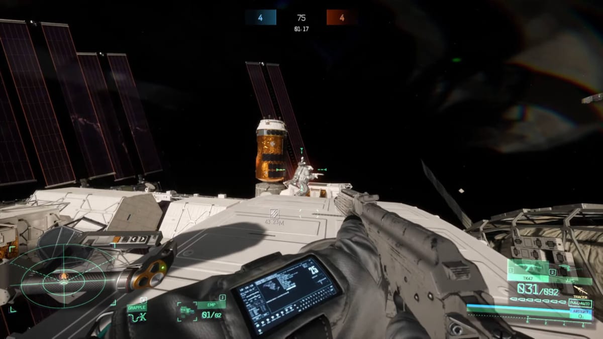 The player aiming at another player on a space station in Boundary