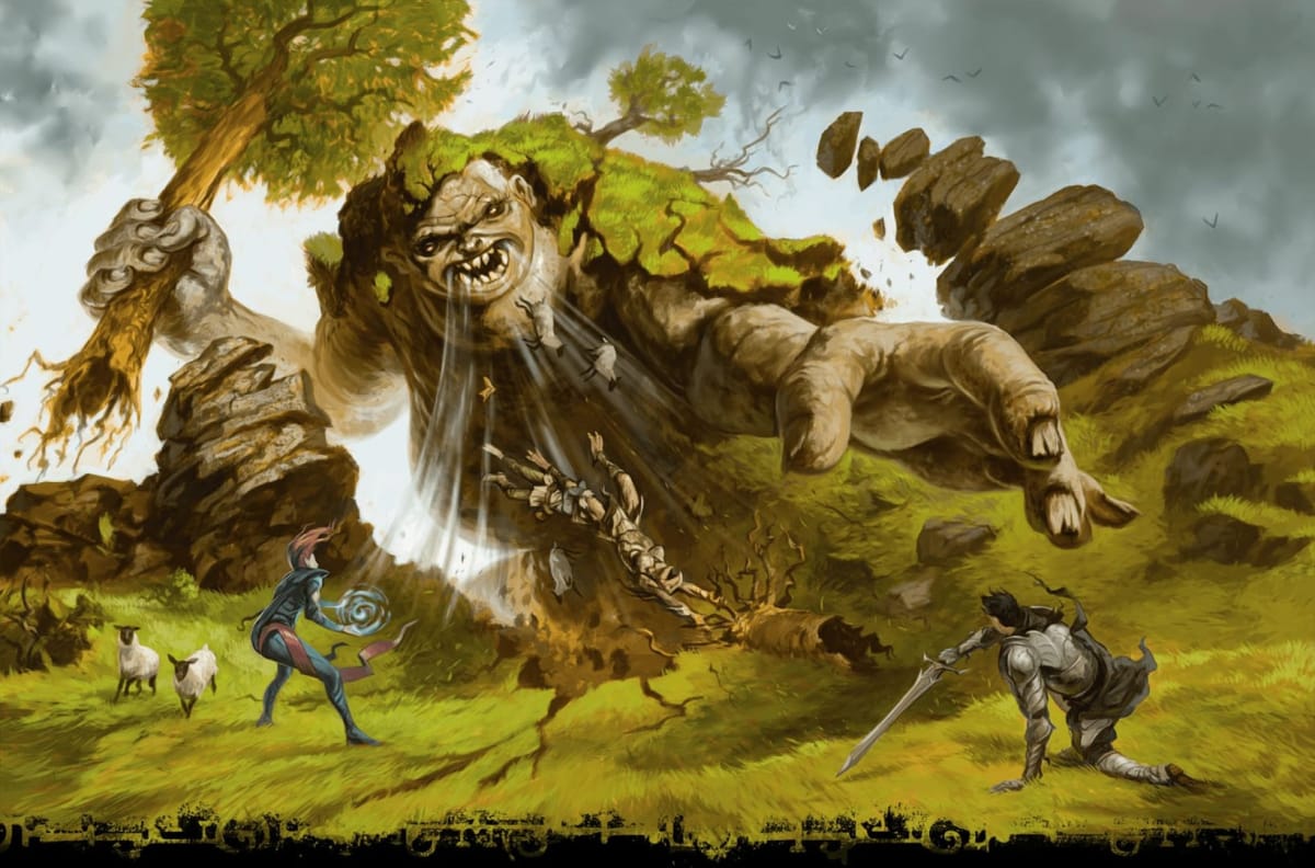 A party taking on a Hill Scion from Bigby Presents: Glory of the Giants