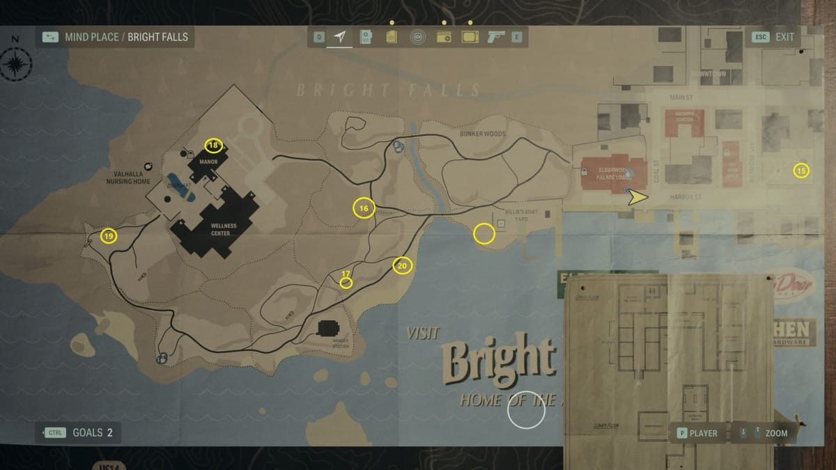 A map of every alex casey lunchbox location in Bright Falls in alan wake 2