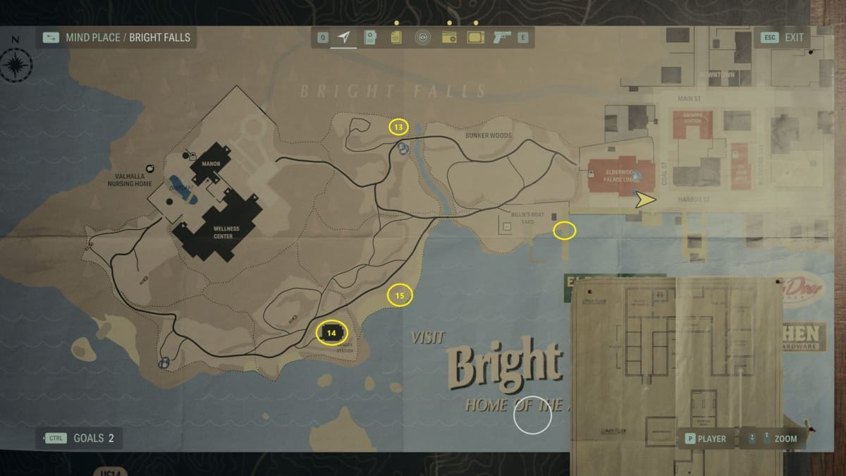 A map of every nursery rhyme location in bright falls in alan wake 2