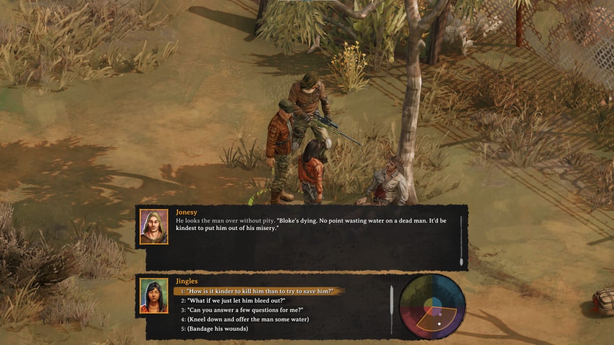 The player facing a moral choice over whether to kill a man or try to help him in Broken Roads