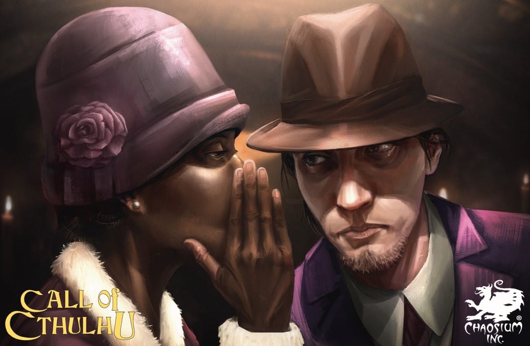 A citizen whispering something to an investigator from the Call of Cthulhu: Arkham guidebook.
