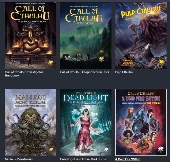 A screenshot of various books seen in the Call of Cthulhu humble bundle