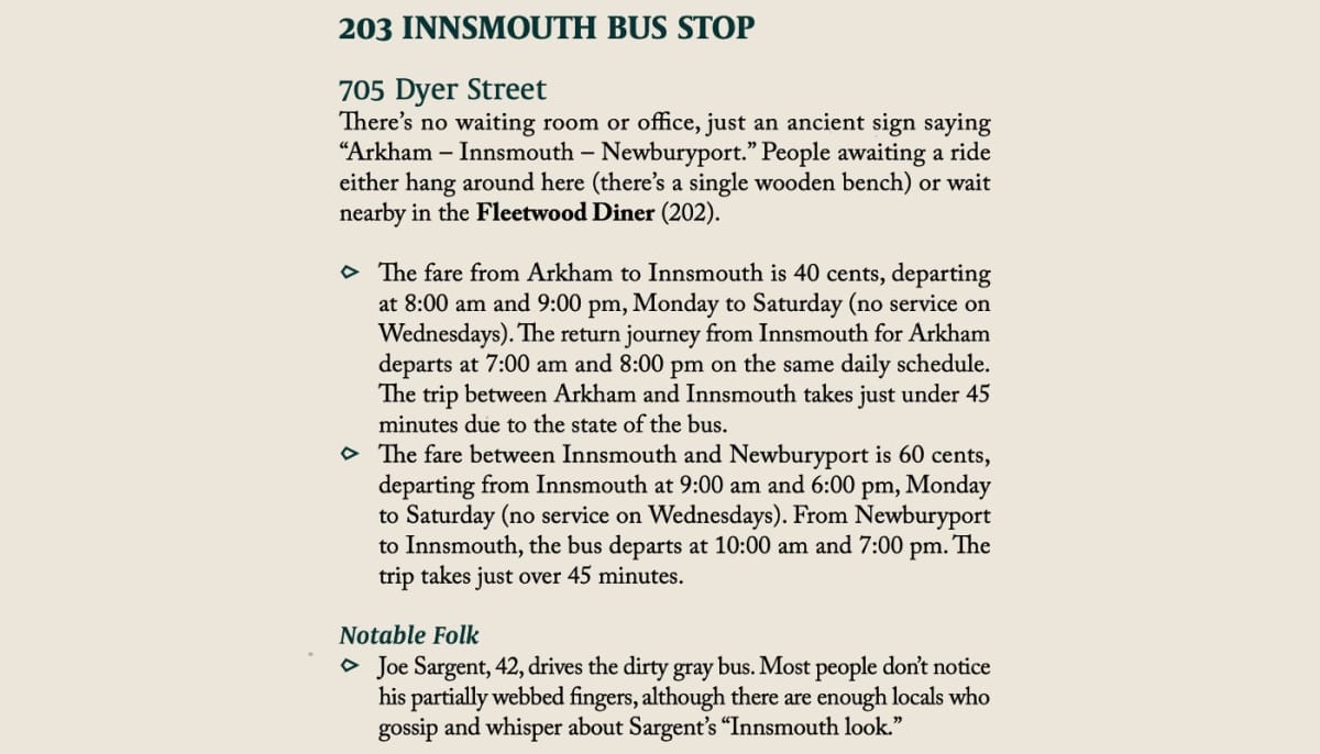 An image from our Call of Cthulhu: Arkham review depicting the entry for the Innsmouth Bus Stop