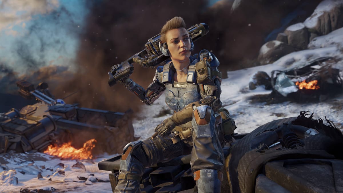 A female soldier sitting on a piece of debris in the middle of a battlefield in Call of Duty: Black Ops 3, on which David Vonderhaar was studio design director