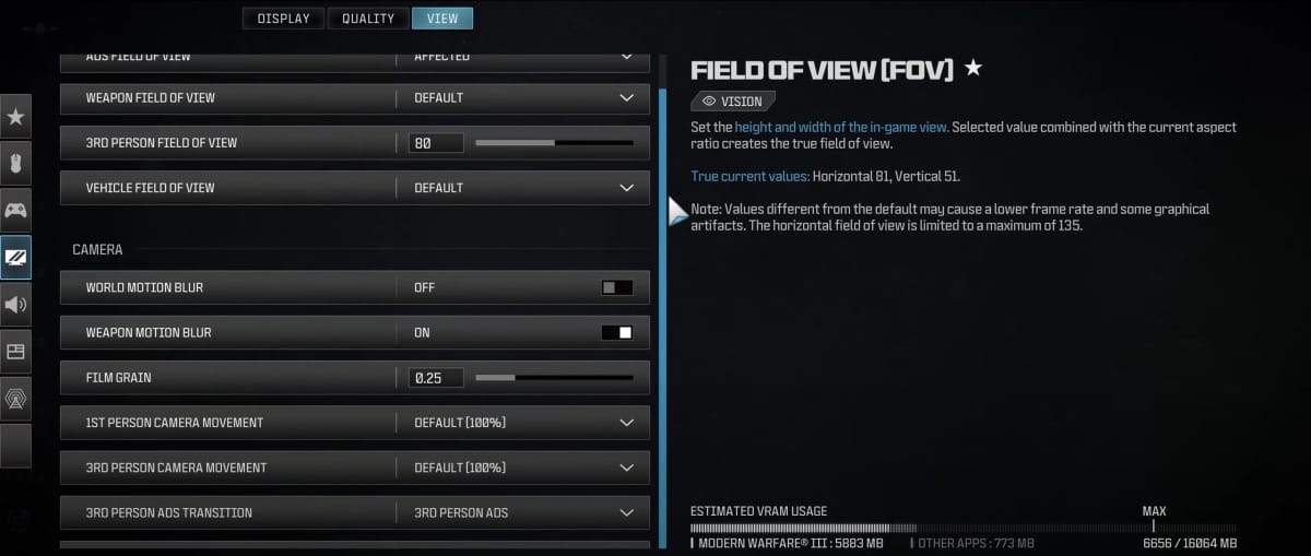 A screenshots ofthe PC options for Call of Duty: Modern warfare 3