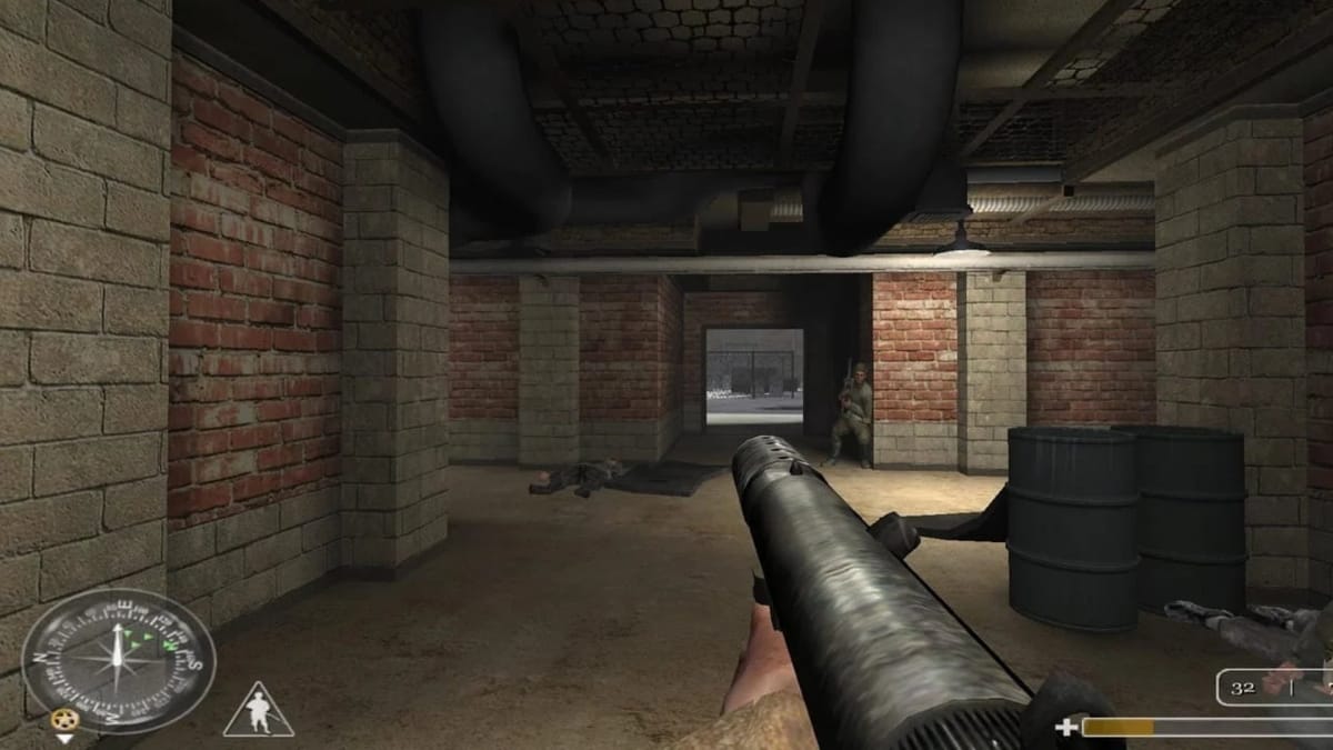 A player can be seen aiming down a coridoor with a gun in-hand.