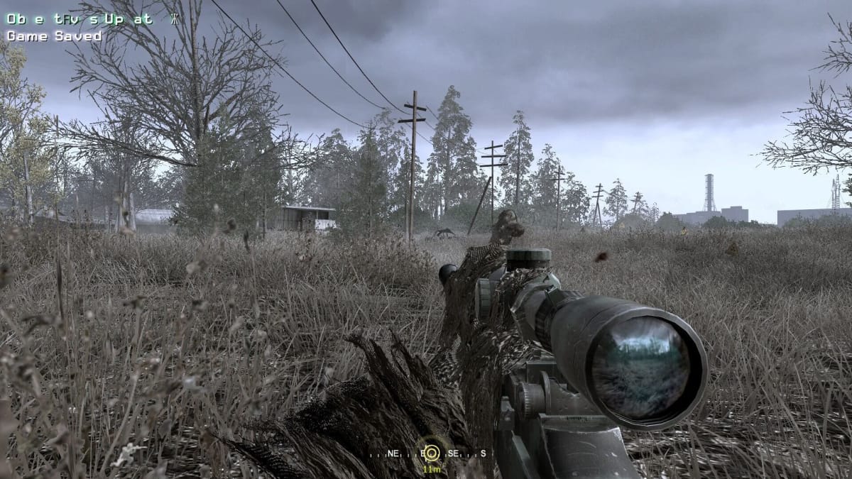 An in-game screenshot of Call of Duty 4: Modern Warfare, showcasing the player character during the mission "All Ghillied Up."