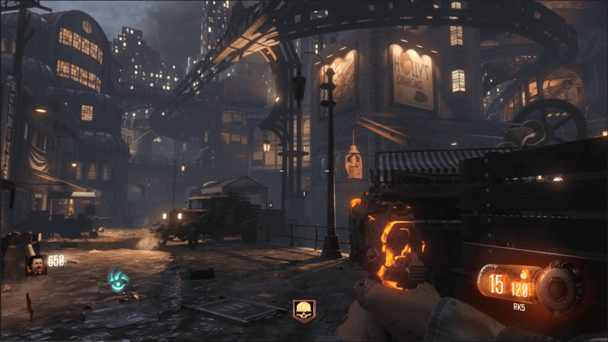 An in-game screenshot of Call of Duty: Black Ops III, showcasing the player character in the Zombies map "Shadows of Evil" in the middle of a smoky and damp street.