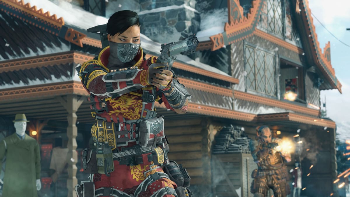 An in-engine screenshot of Call of Duty: Black Ops IIII, showcasing the character running into battle, armed with her revolver "Annihilator."