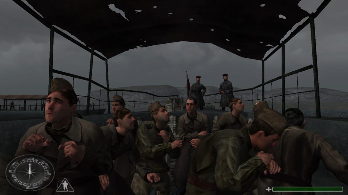 An in-game screenshot of Call of Duty Classic, showcasing the player character in a boat alongside several Russian soldiers preparing to siege a target.