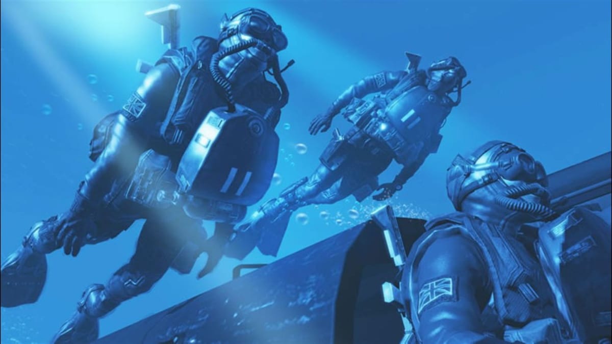 An in-engine screenshot of Call of Duty: Modern Warfare 2 (2009), showcasing three UK soldiers swimming towards an unknown target.