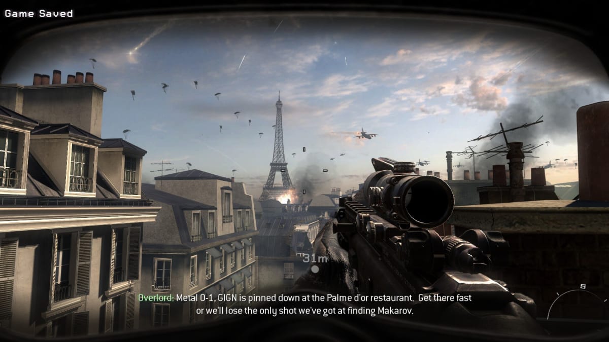 An in-game screenshot of Call of Duty: Modern Warfare 3 (2011), showcasing the player character looking towards the Eiffel Tower, which is being targeted with missiles.