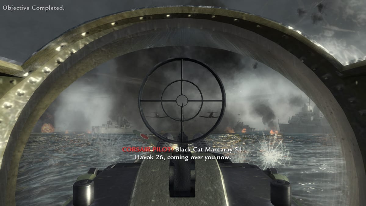 An in-game screenshot of Call of Duty: World at War, showcasing the player character inside the cockpit of a plane, targeting enemies whilst flying over a naval battle.