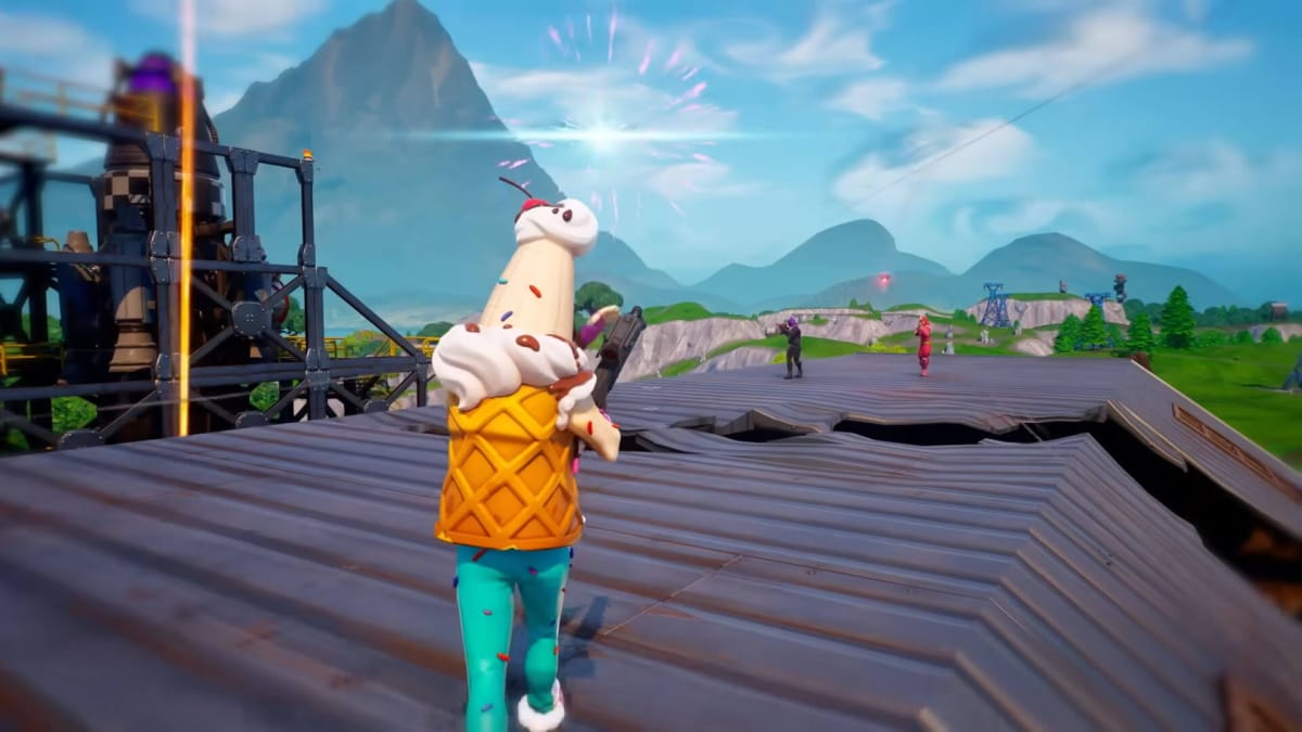 A player shooting at other players on a rooftop in Fortnite, which the canceled TimeSplitters project arguably closely resembles