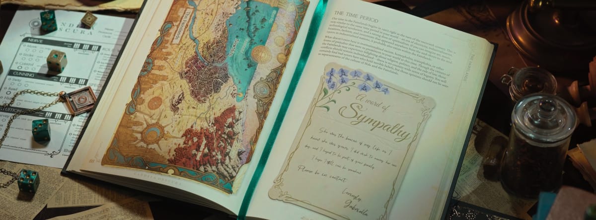 The Candela Obscura Book open on a desk showing off a map and notes