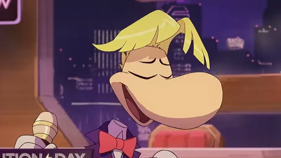 A screenshot of Rayman as a news anchor from the trailer for Captain Laserhawk: A Blood Dragon Remix